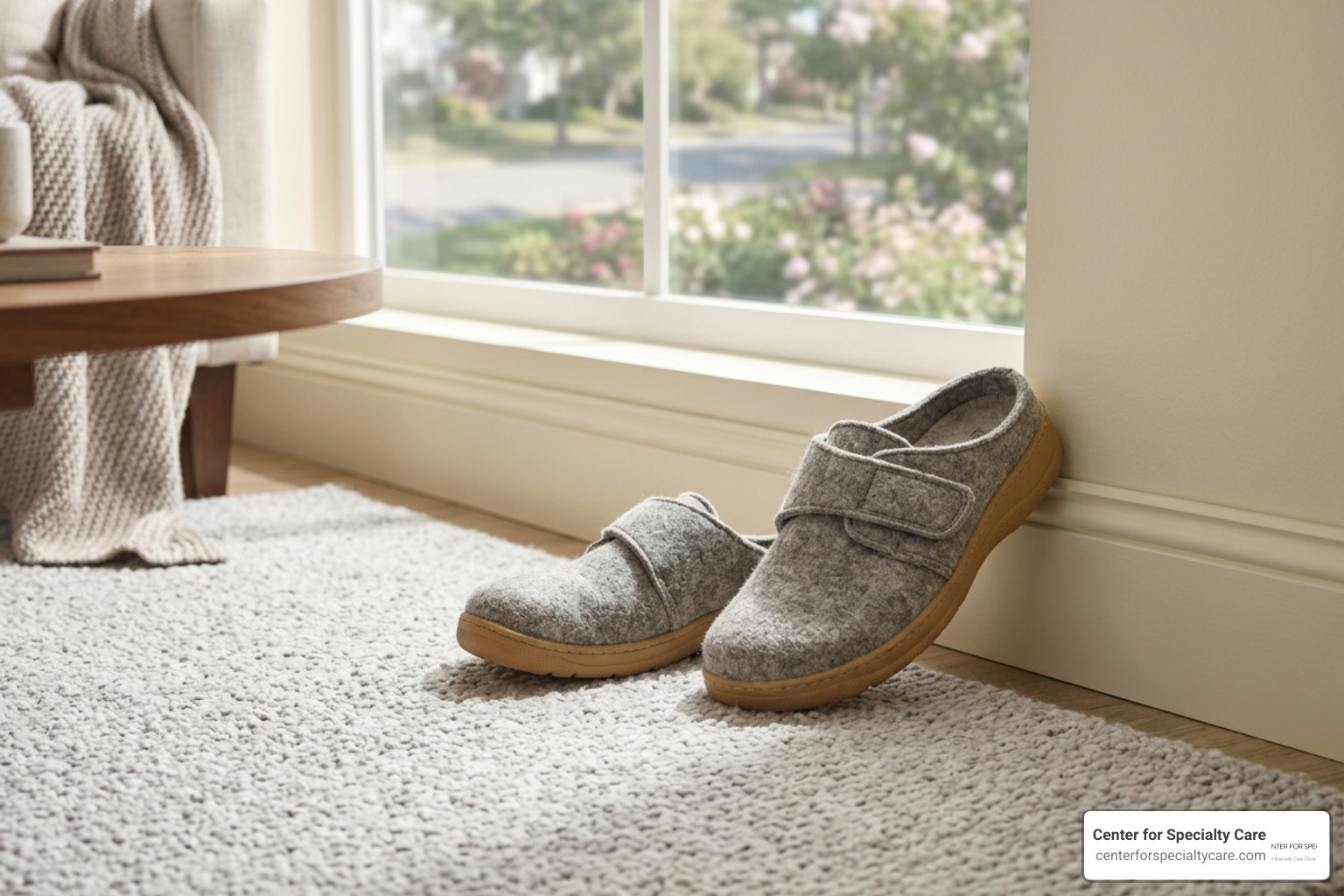 A pair of cozy orthopedic slippers sitting near a bright living room window A pair of cozy orthopedic slippers sitting near a bright living room window
