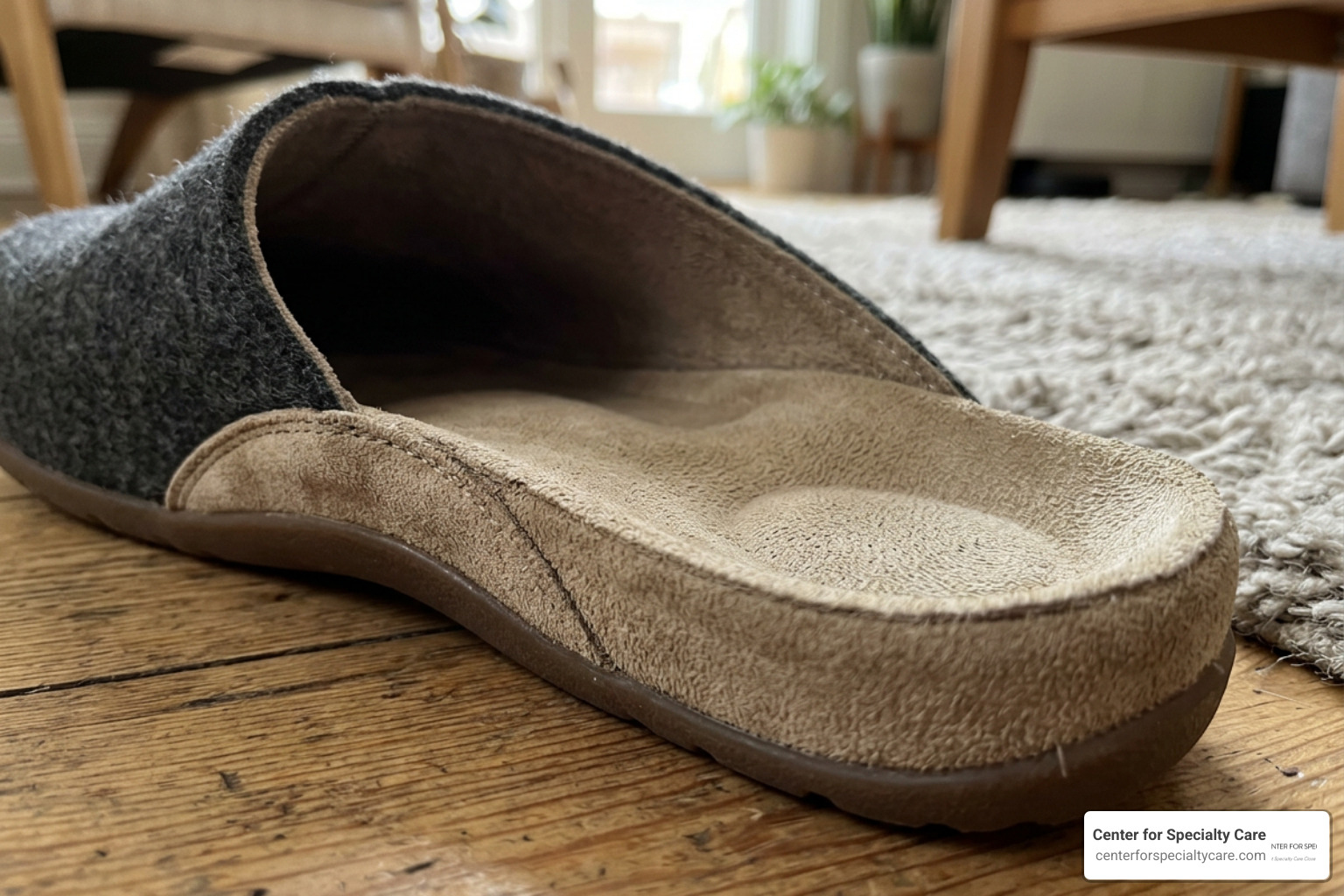 A close-up of a supportive slipper footbed showing deep contours and arch elevation A close-up of a supportive slipper footbed showing deep contours and arch elevation