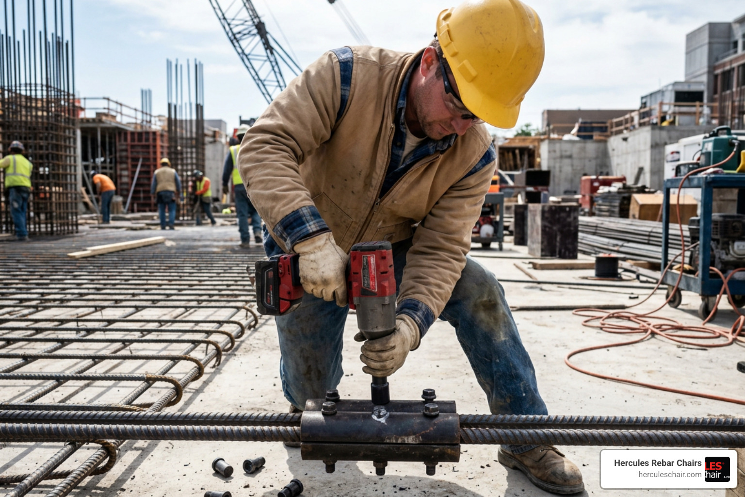 Worker using an impact wrench to tighten shear bolts on a bolted coupler until the heads shear off