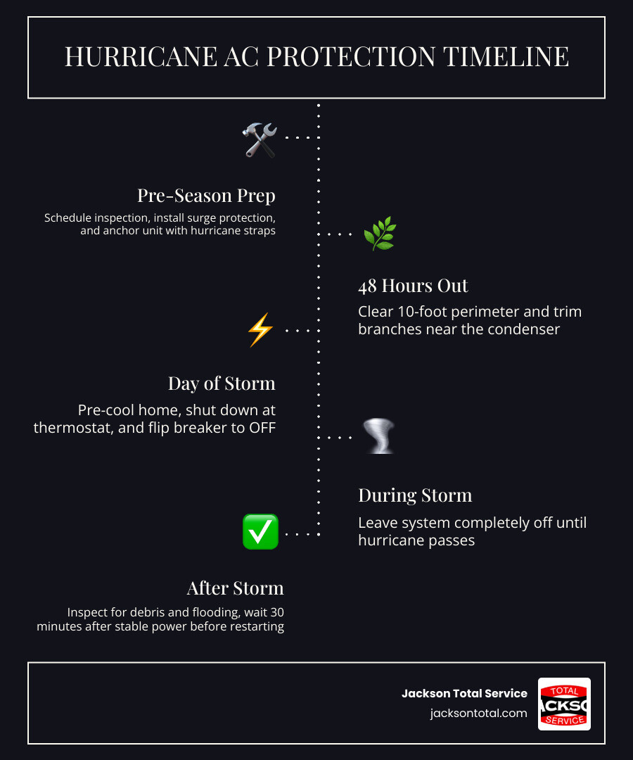 Hurricane AC protection timeline infographic: pre-season prep, 24-hour countdown, storm shutdown, and post-storm restart Hurricane AC protection timeline infographic: pre-season prep, 24-hour countdown, storm shutdown, and post-storm restart