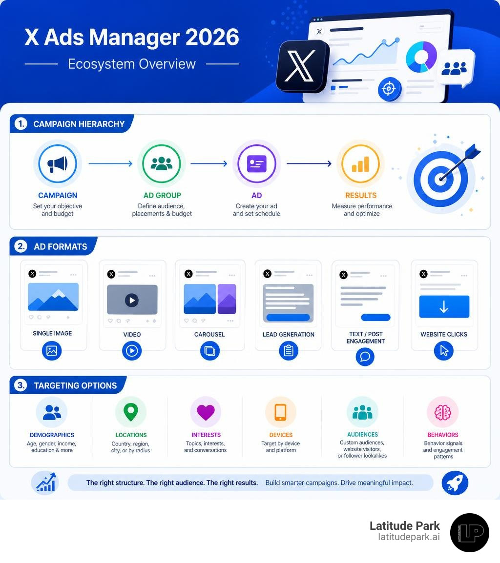 X Ads Manager 2026 ecosystem overview infographic showing campaign hierarchy, ad formats, and targeting options infographic