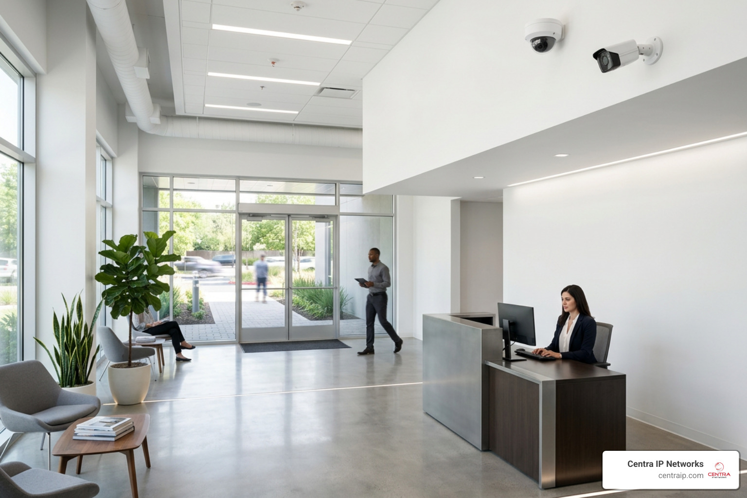 dome and bullet security cameras installed in a modern office lobby dome and bullet security cameras installed in a modern office lobby