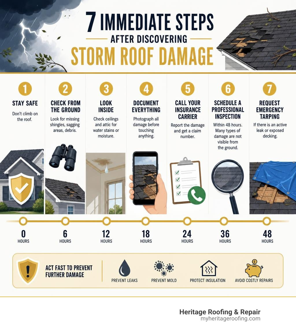 Infographic: 7 immediate steps after discovering storm roof damage with timeline from 0 to 48 hours infographic Infographic: 7 immediate steps after discovering storm roof damage with timeline from 0 to 48 hours infographic