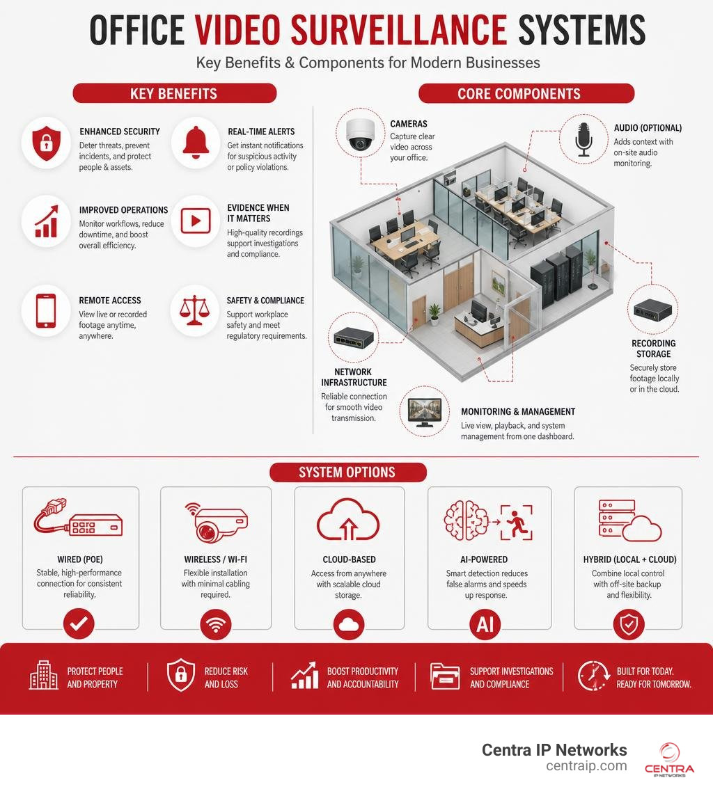 Key benefits and components of office video surveillance systems for businesses infographic Key benefits and components of office video surveillance systems for businesses infographic