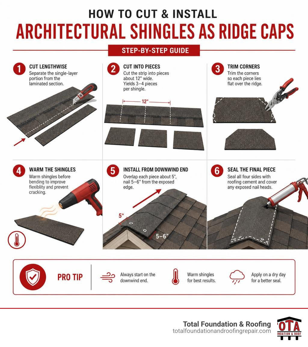 Step-by-step infographic showing how to cut and install architectural shingles as ridge caps infographic Step-by-step infographic showing how to cut and install architectural shingles as ridge caps infographic