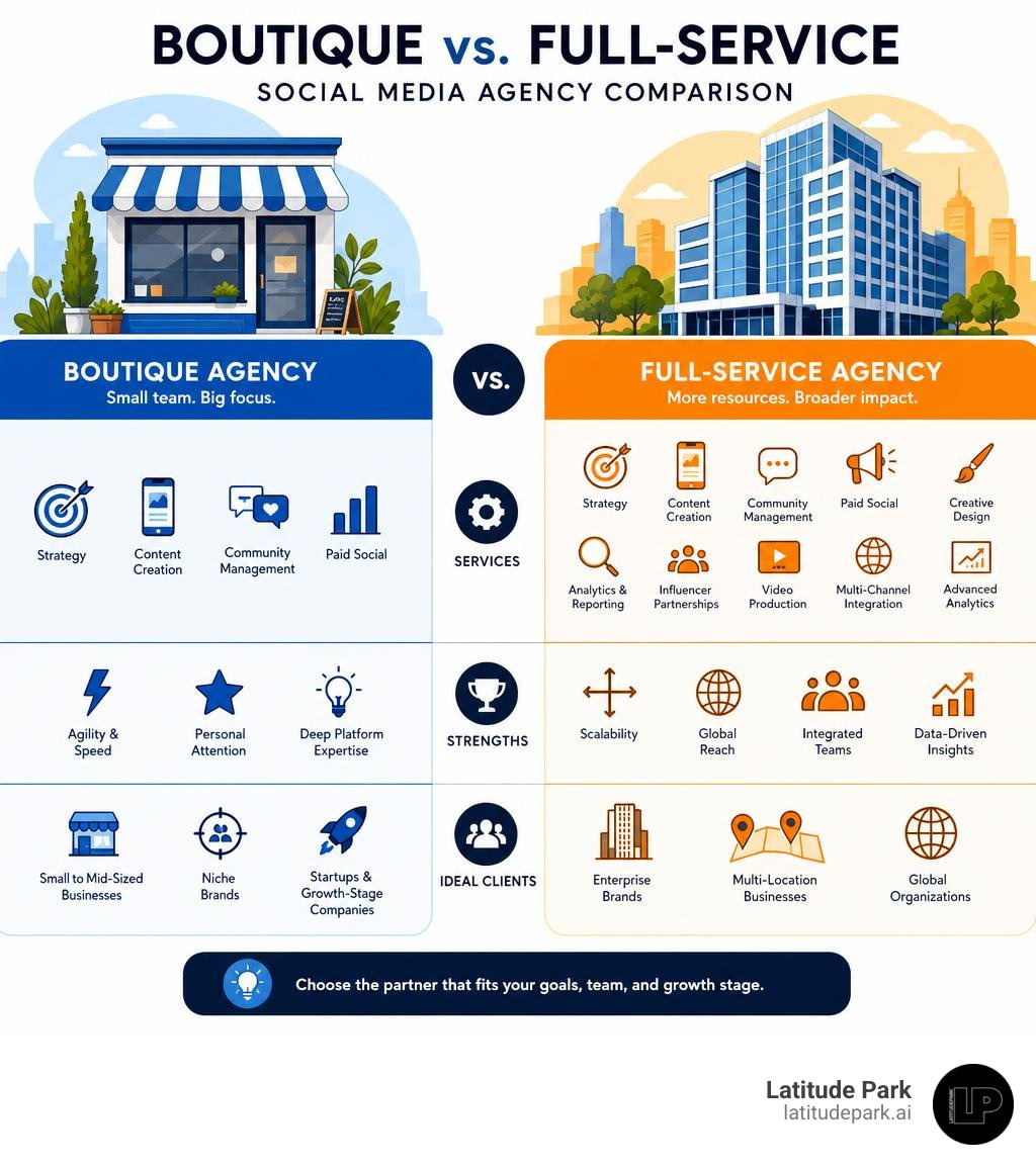 Social media agency types compared: boutique vs full-service, services, strengths, and ideal clients infographic