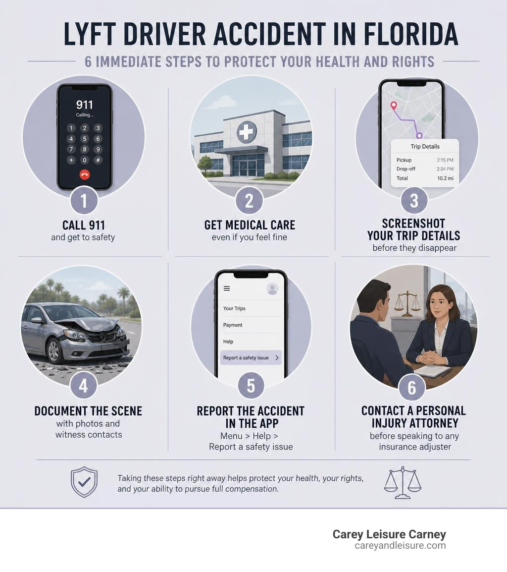 Infographic showing immediate steps after a Lyft driver accident in Florida: call 911, get medical care, screenshot trip
