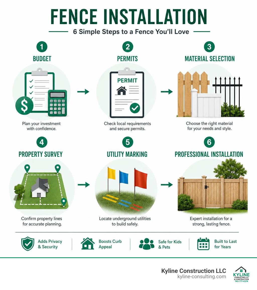 Infographic showing fence installation planning steps: budget, permits, material selection, property survey, utility