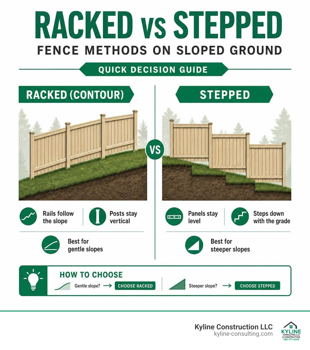 Racked vs stepped fence methods on sloped ground — quick decision guide infographic