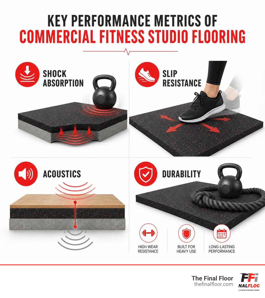 Key performance metrics of commercial fitness studio flooring: shock absorption, slip resistance, acoustics, durability Key performance metrics of commercial fitness studio flooring: shock absorption, slip resistance, acoustics, durability