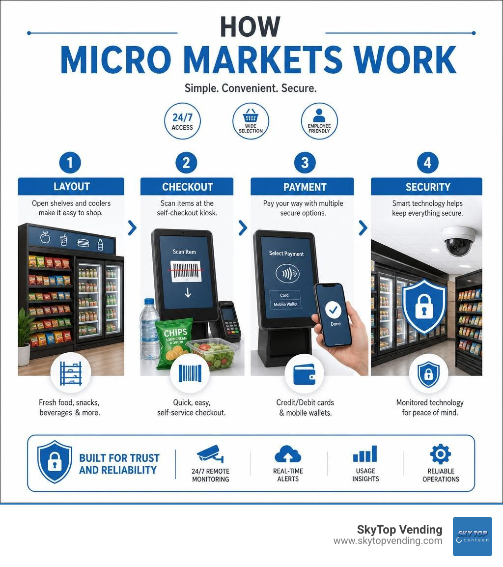 How micro markets work - layout, checkout, payment, and security overview infographic infographic How micro markets work - layout, checkout, payment, and security overview infographic infographic