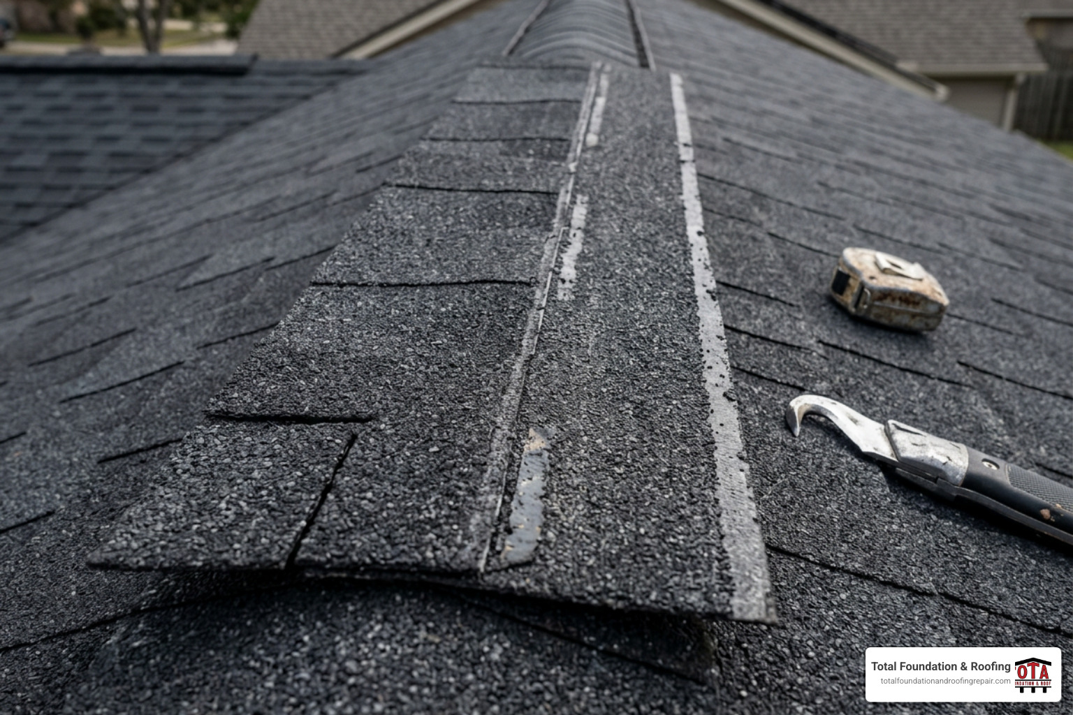 A close-up of a properly cut single-layer shingle strip ready for bending A close-up of a properly cut single-layer shingle strip ready for bending