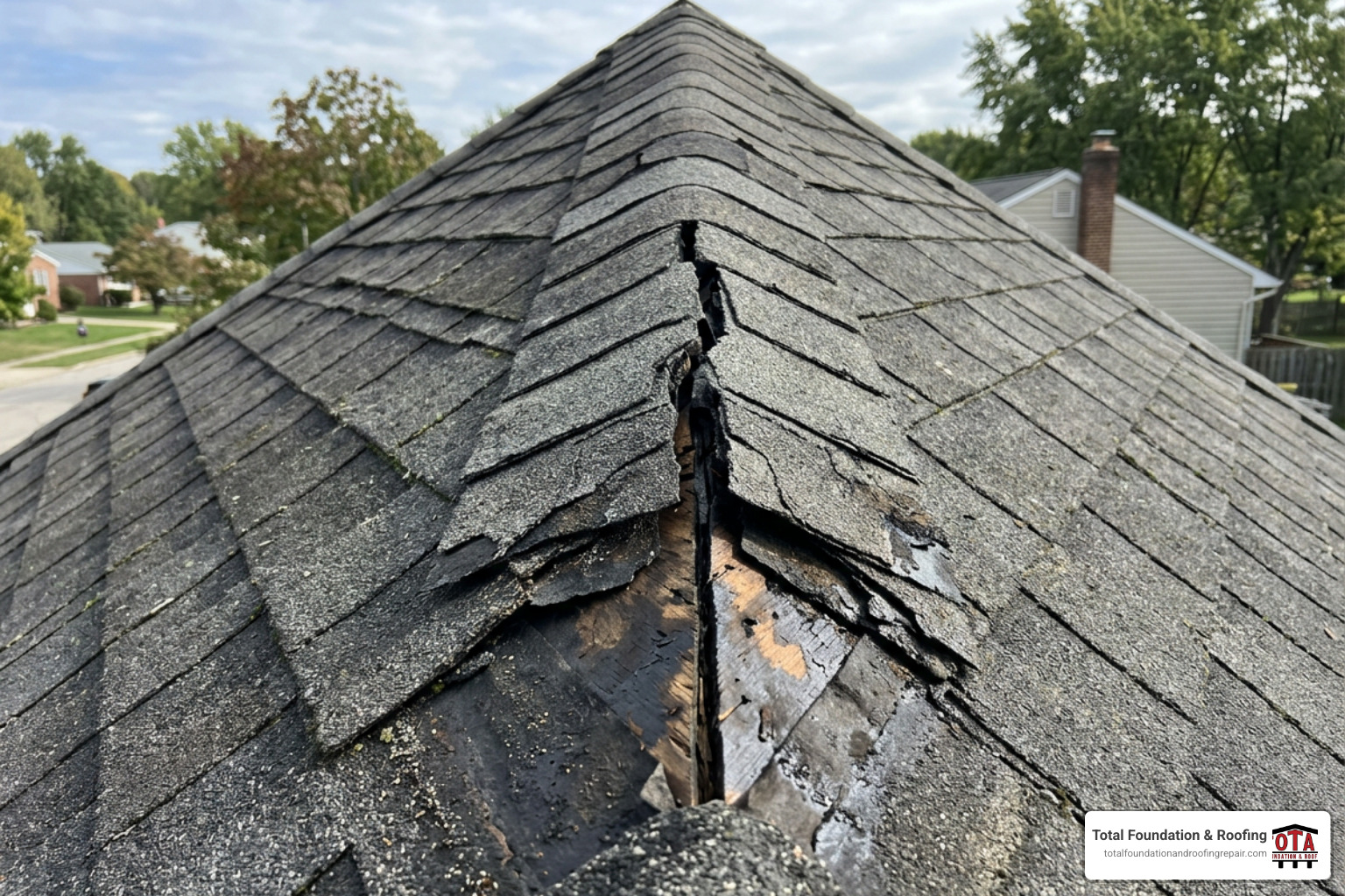 A cracked DIY ridge cap showing water intrusion along a steep roof peak A cracked DIY ridge cap showing water intrusion along a steep roof peak