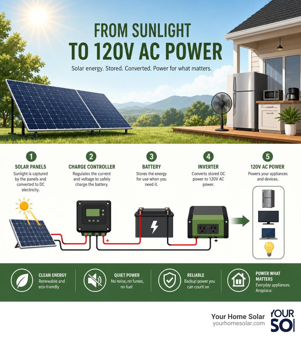 Infographic showing how solar energy is converted to 120V AC power through panels, charge controller, battery, and inverter Infographic showing how solar energy is converted to 120V AC power through panels, charge controller, battery, and inverter