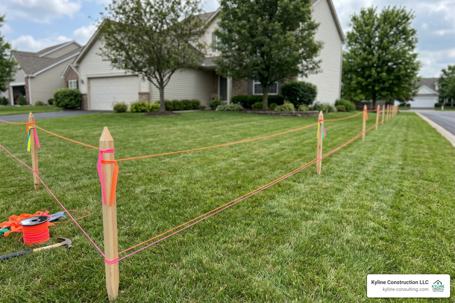 Property survey marking showing wooden stakes and neon string highlighting exact boundary lines for a new fence installation