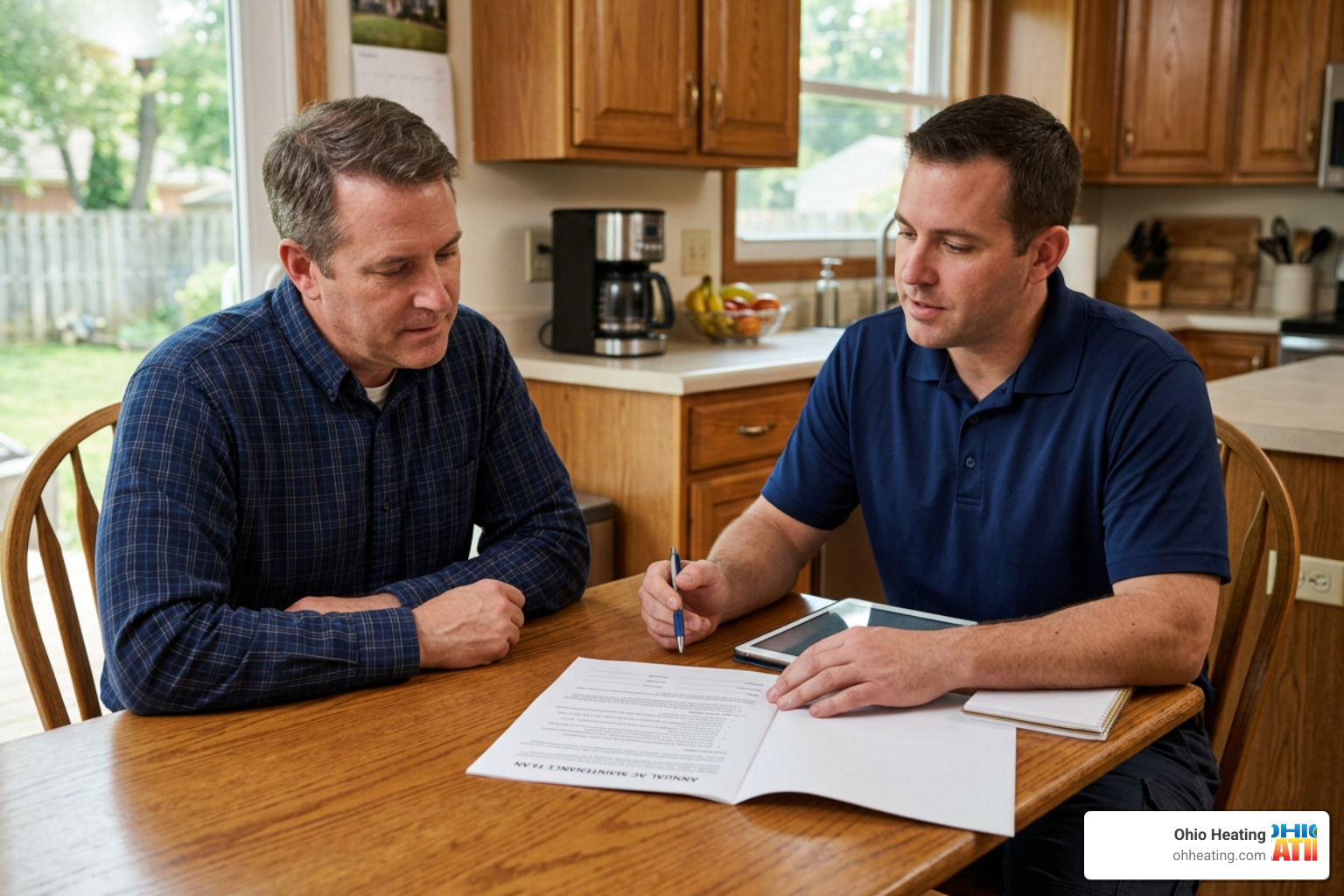 A Columbus homeowner reviewing an annual AC maintenance plan contract A Columbus homeowner reviewing an annual AC maintenance plan contract