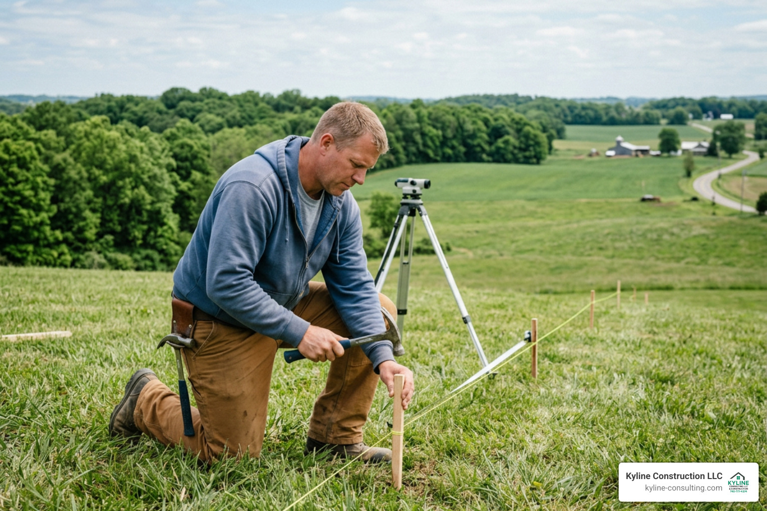 A contractor setting string lines on a hill in Central Ohio