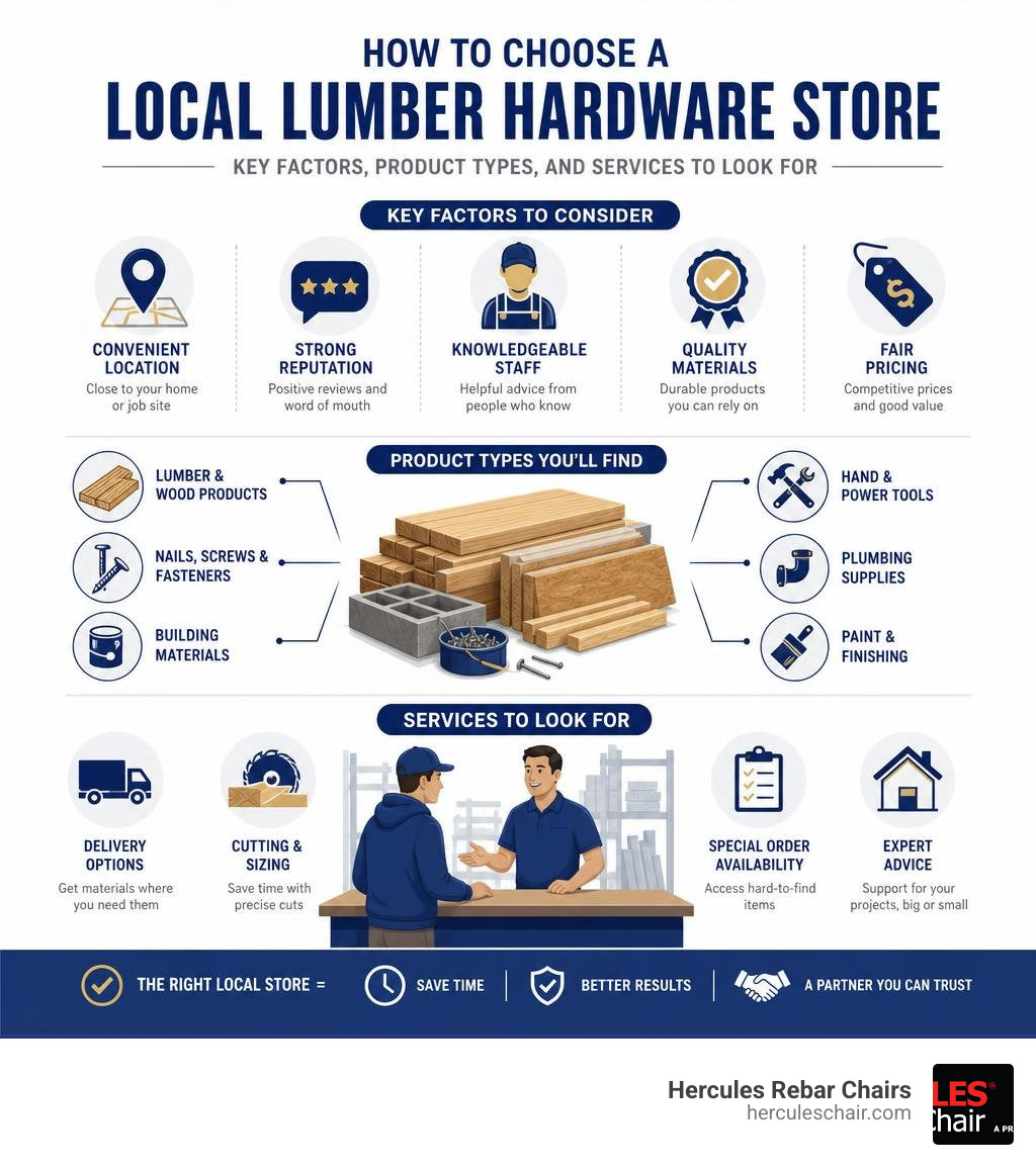 How to choose a local lumber hardware store: key factors, product types, and services to look for infographic