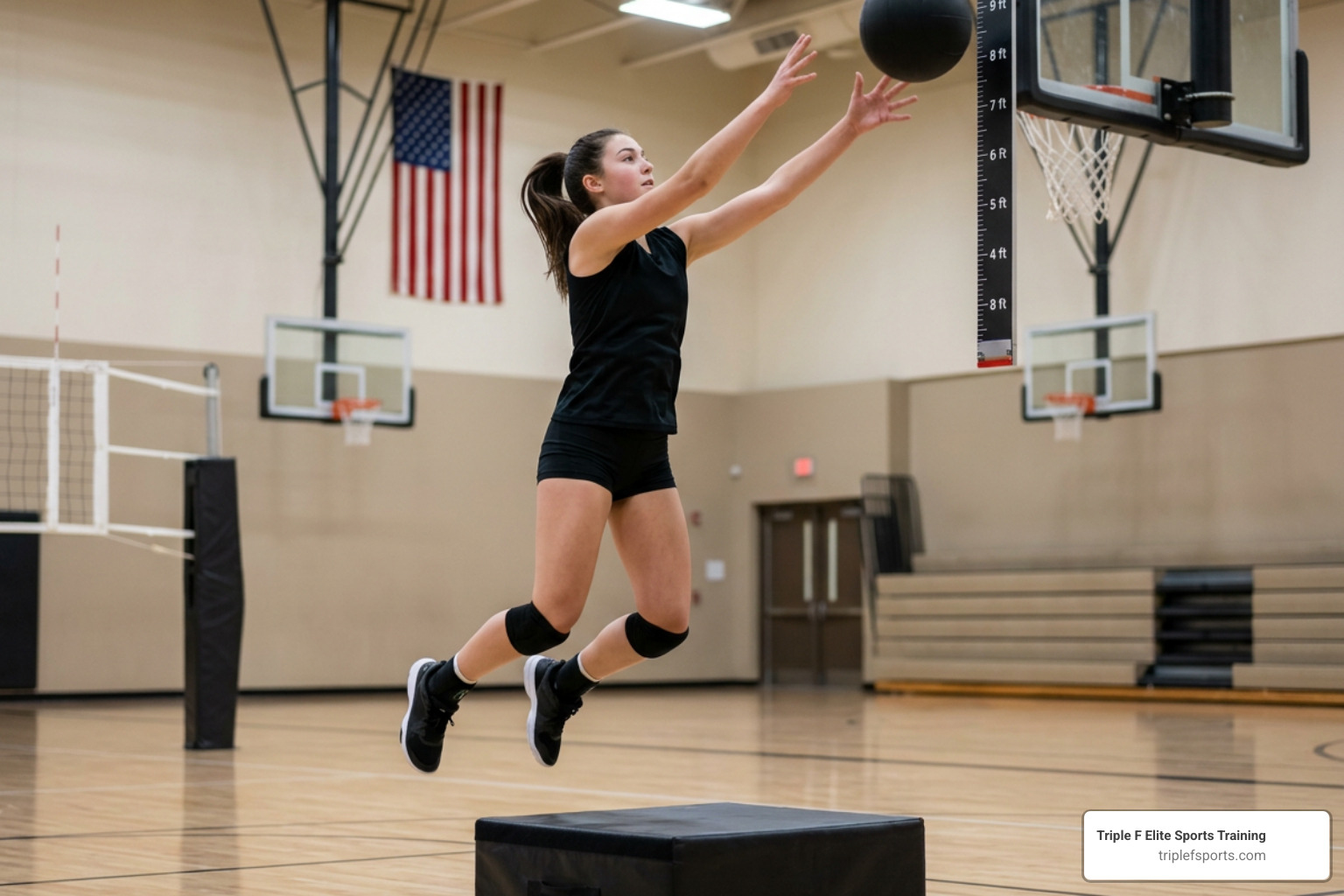 A volleyball athlete performing an explosive vertical jump training drill A volleyball athlete performing an explosive vertical jump training drill