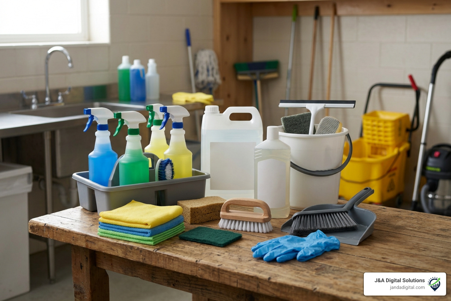 commercial cleaning supplies on a wooden table