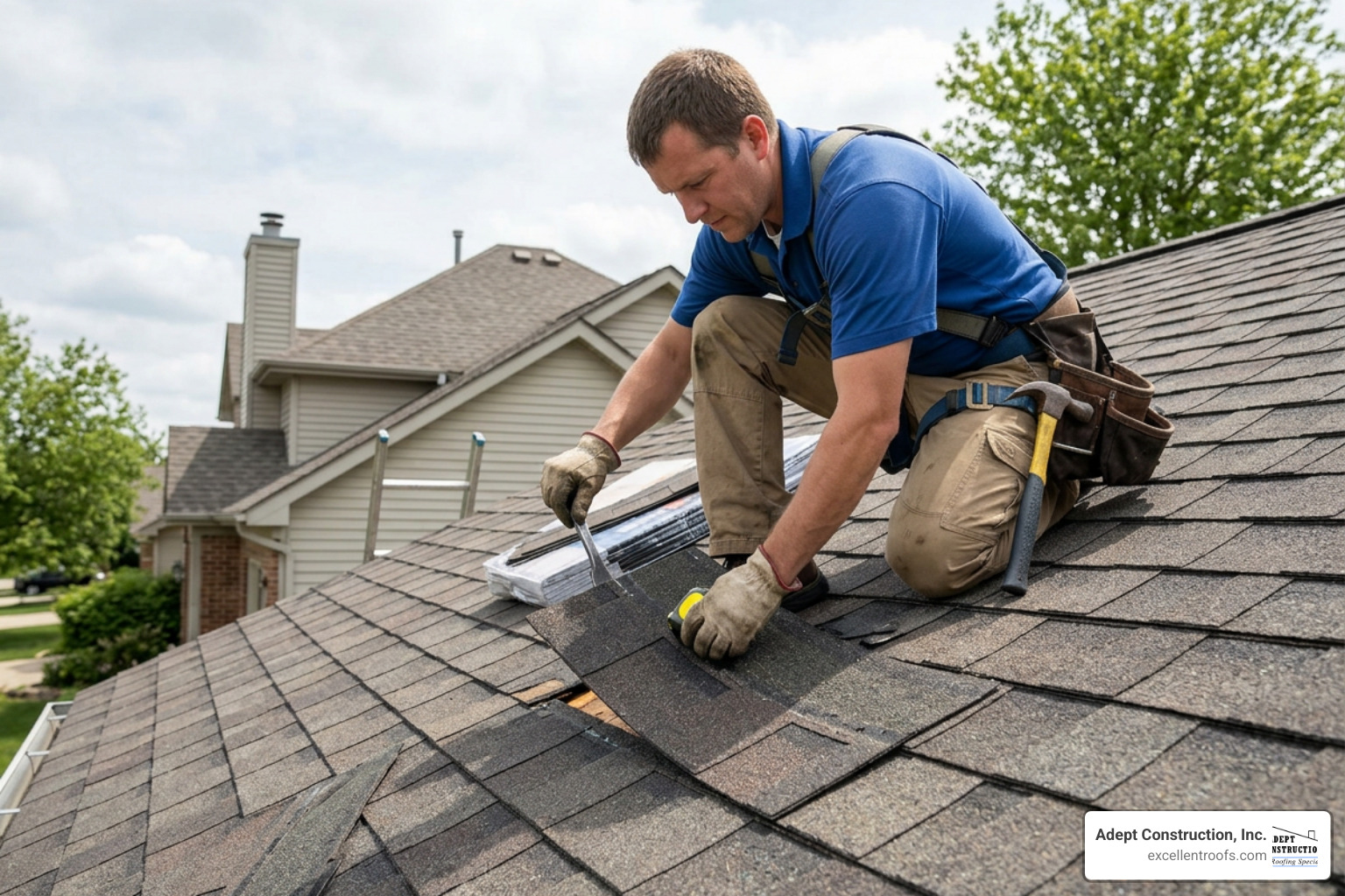 A homeowner comparing replacement shingle colors under natural sunlight to match an existing roof