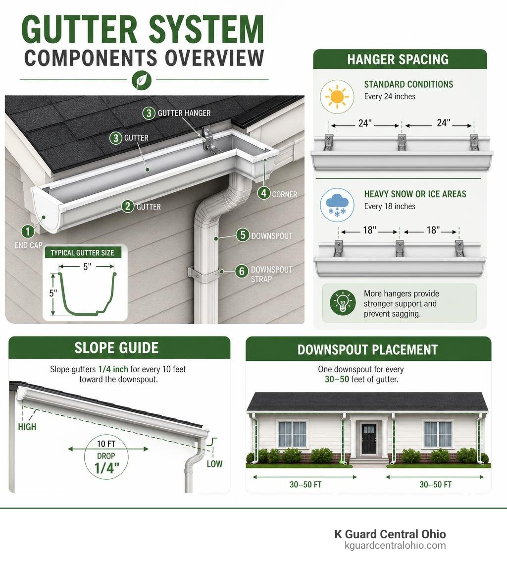 Gutter system components overview infographic with measurements, hanger spacing, and slope guide infographic Gutter system components overview infographic with measurements, hanger spacing, and slope guide infographic