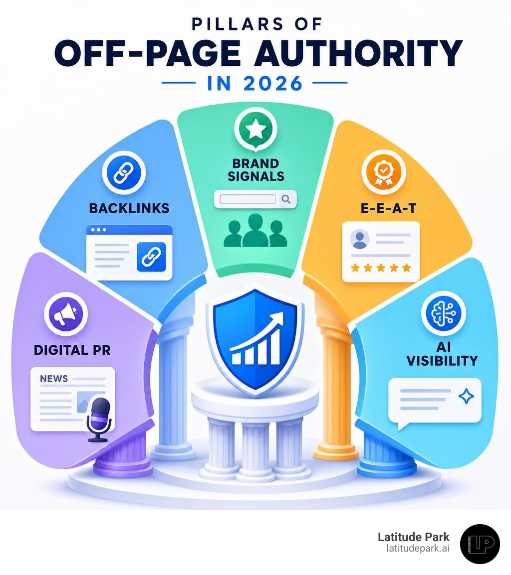 Pillars of off-page authority in 2026: backlinks, brand signals, E-E-A-T, digital PR, AI visibility infographic