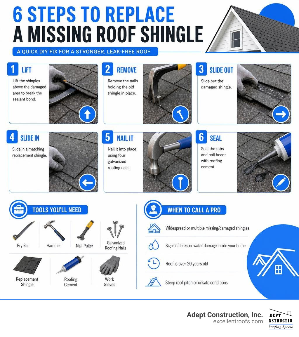 Infographic showing 6 steps to replace a missing roof shingle with tools needed and when to call a pro infographic