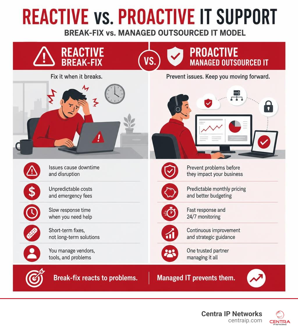 Reactive vs. proactive IT support comparison: break-fix vs. managed outsourced IT model infographic Reactive vs. proactive IT support comparison: break-fix vs. managed outsourced IT model infographic