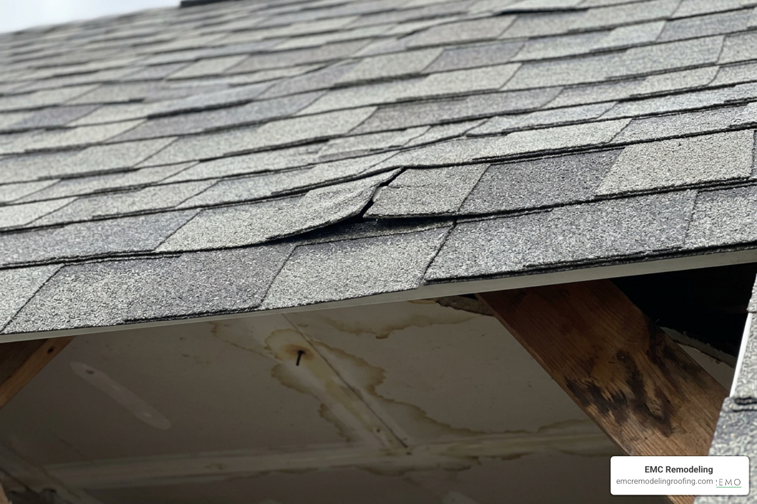 subtle wind damage on roof shingles and attic water stains subtle wind damage on roof shingles and attic water stains