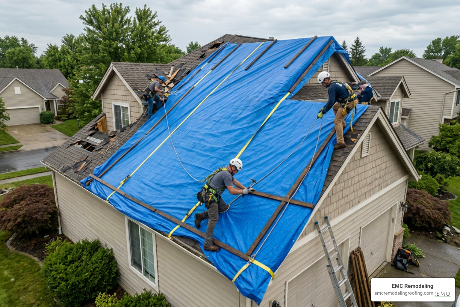 professional roof tarping installation protecting a home after a storm professional roof tarping installation protecting a home after a storm