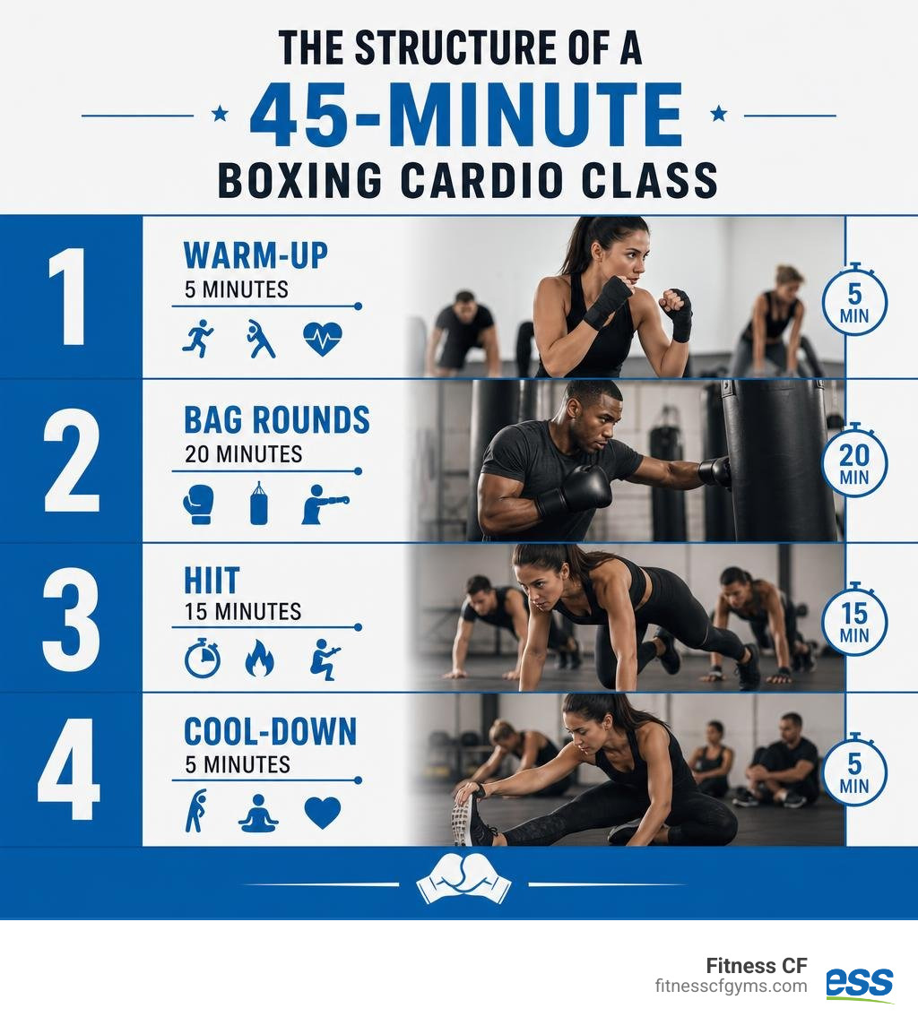 Infographic showing the structure of a 45-minute boxing cardio class with warm-up, bag rounds, HIIT, and cool-down