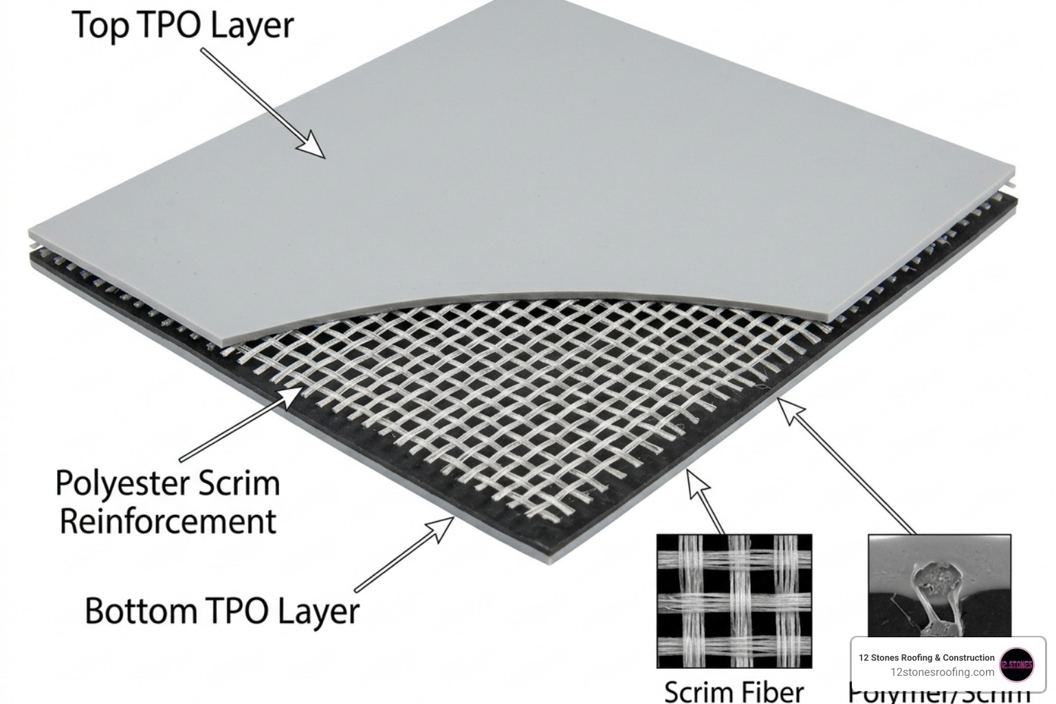 Cross section diagram of TPO membrane showing polyester scrim reinforcement