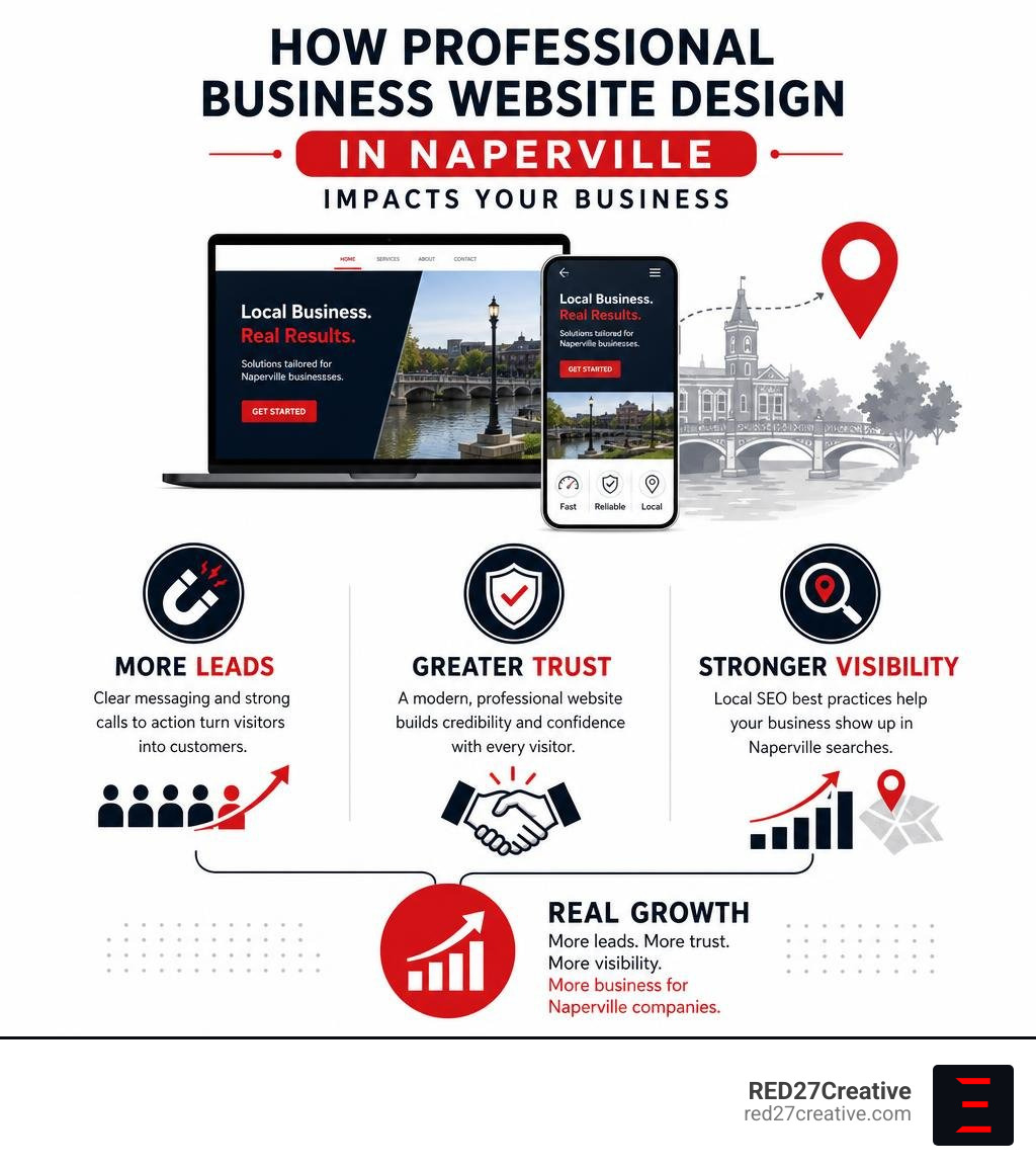Infographic showing how professional business website design in Naperville impacts leads, trust, and local search visibility Infographic showing how professional business website design in Naperville impacts leads, trust, and local search visibility