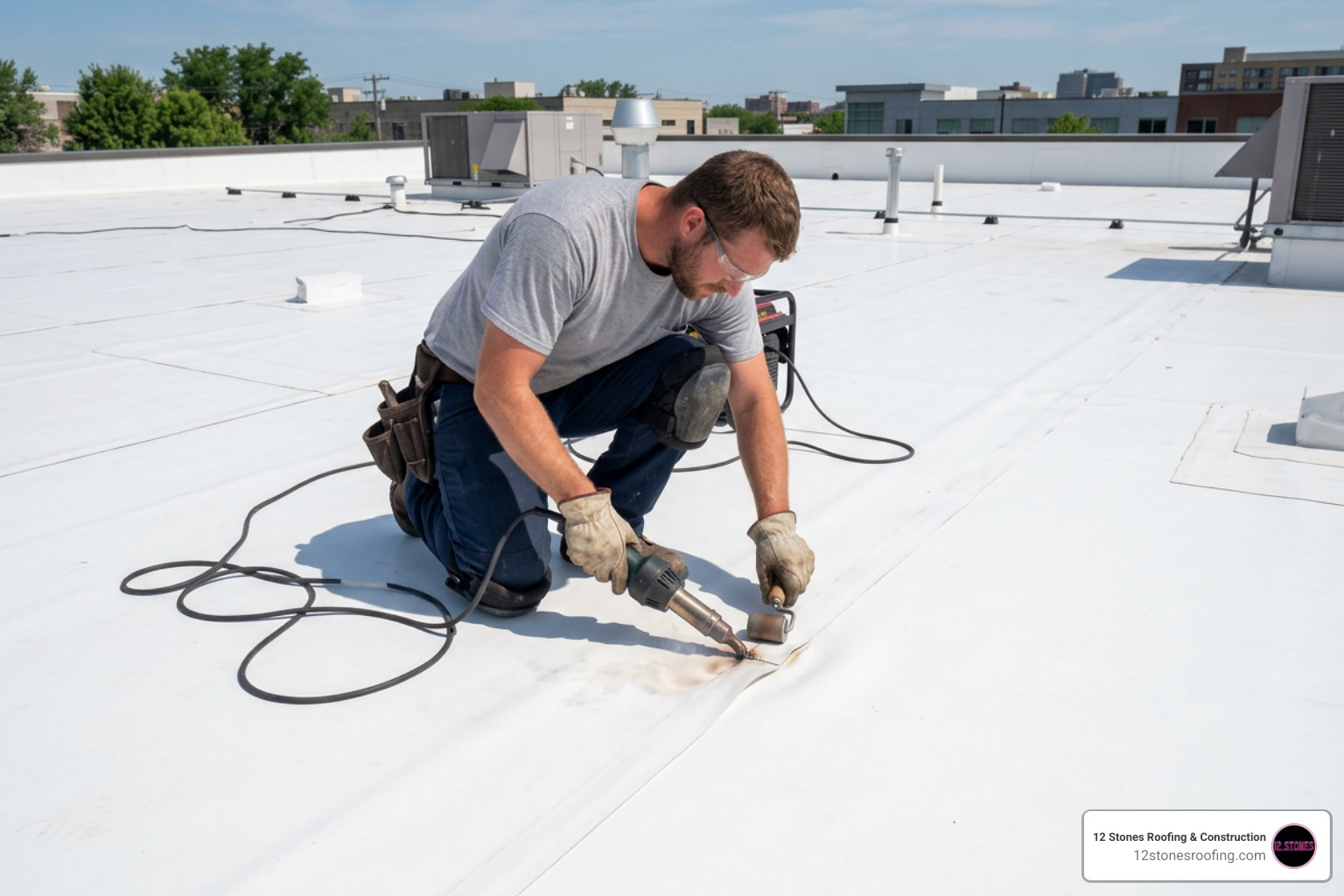 commercial roofer heat-welding TPO seams