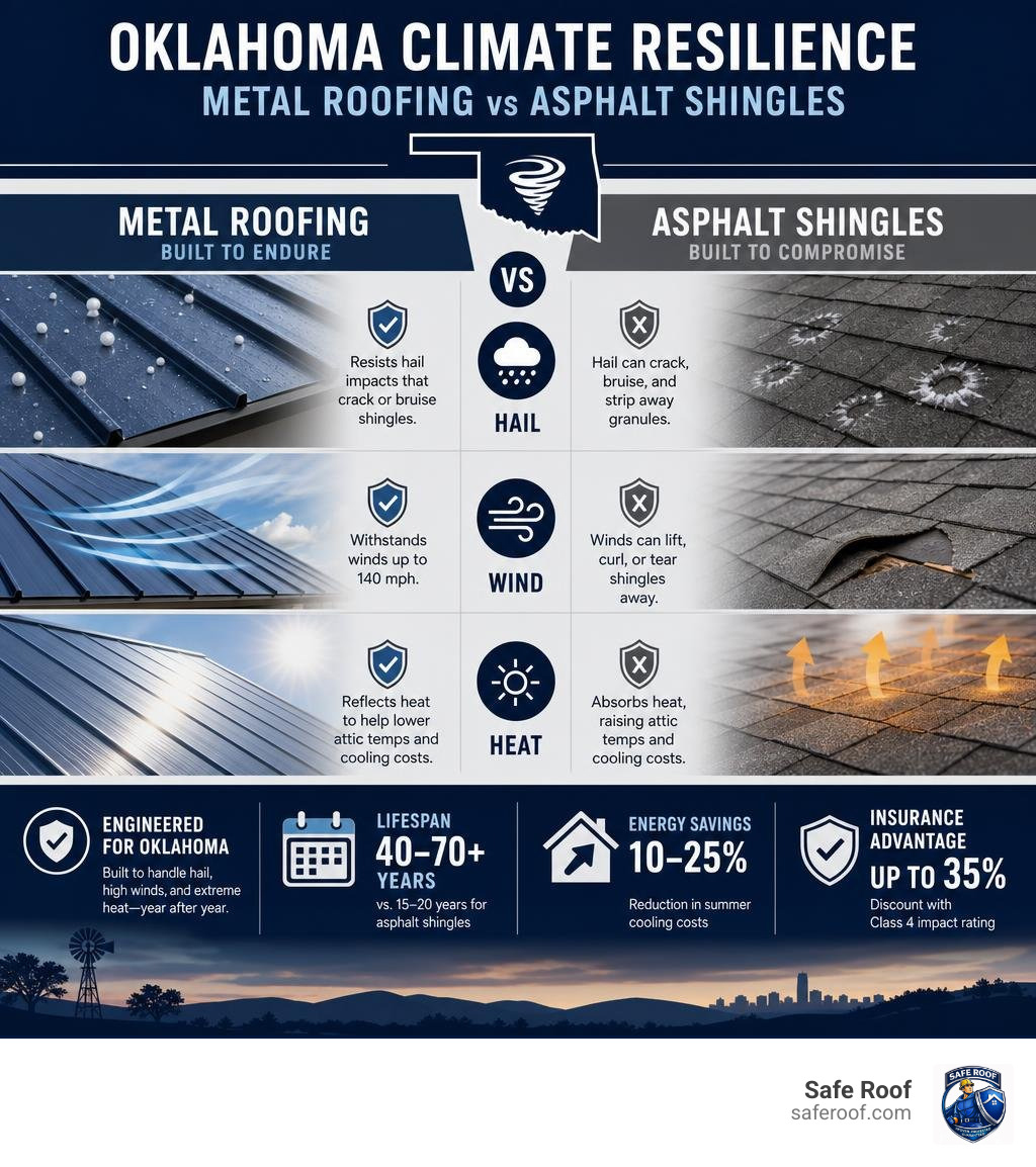 Metal roofing Oklahoma climate resilience vs asphalt shingles: hail, wind, heat comparison infographic infographic