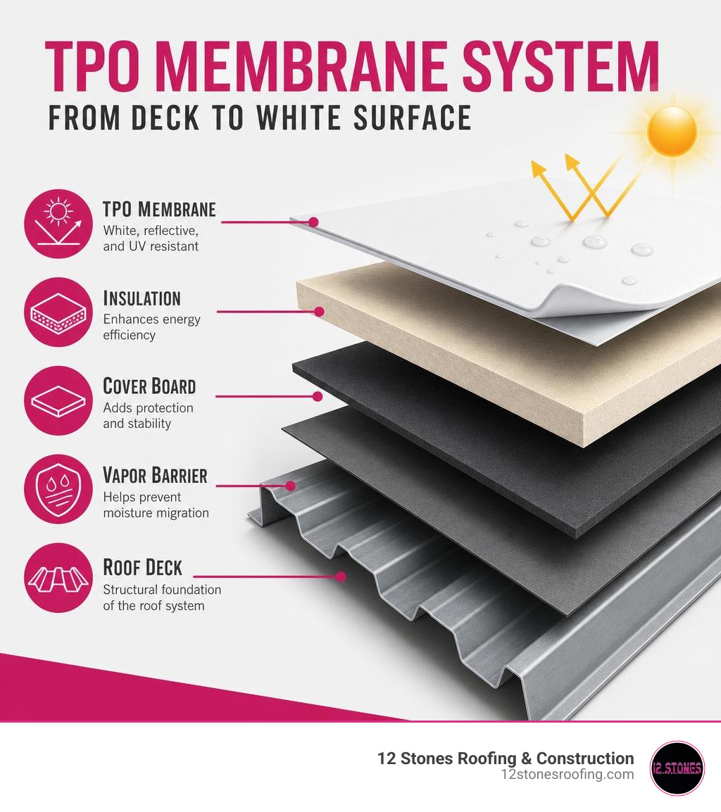 Infographic showing layers of a TPO membrane system from deck to white surface infographic