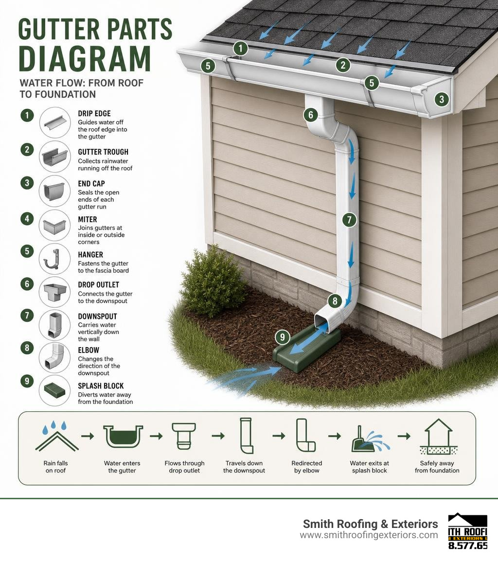 Infographic showing labeled gutter parts diagram with water flow path from roof to foundation infographic Infographic showing labeled gutter parts diagram with water flow path from roof to foundation infographic