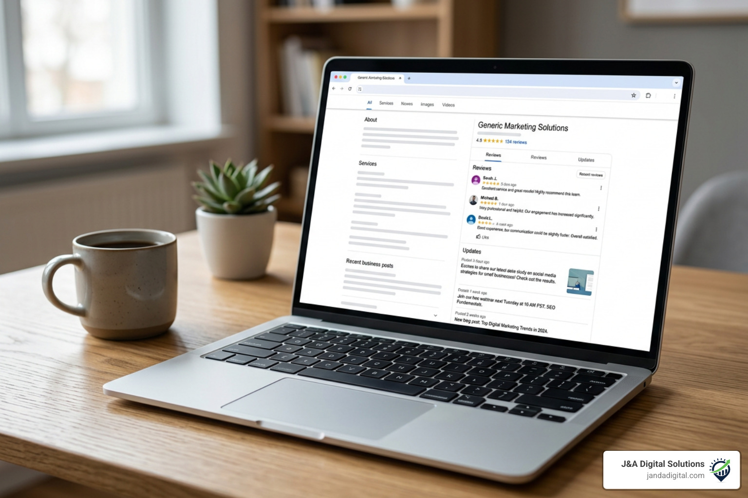 Customer reviews and business posts displayed on a Google Business Profile Customer reviews and business posts displayed on a Google Business Profile