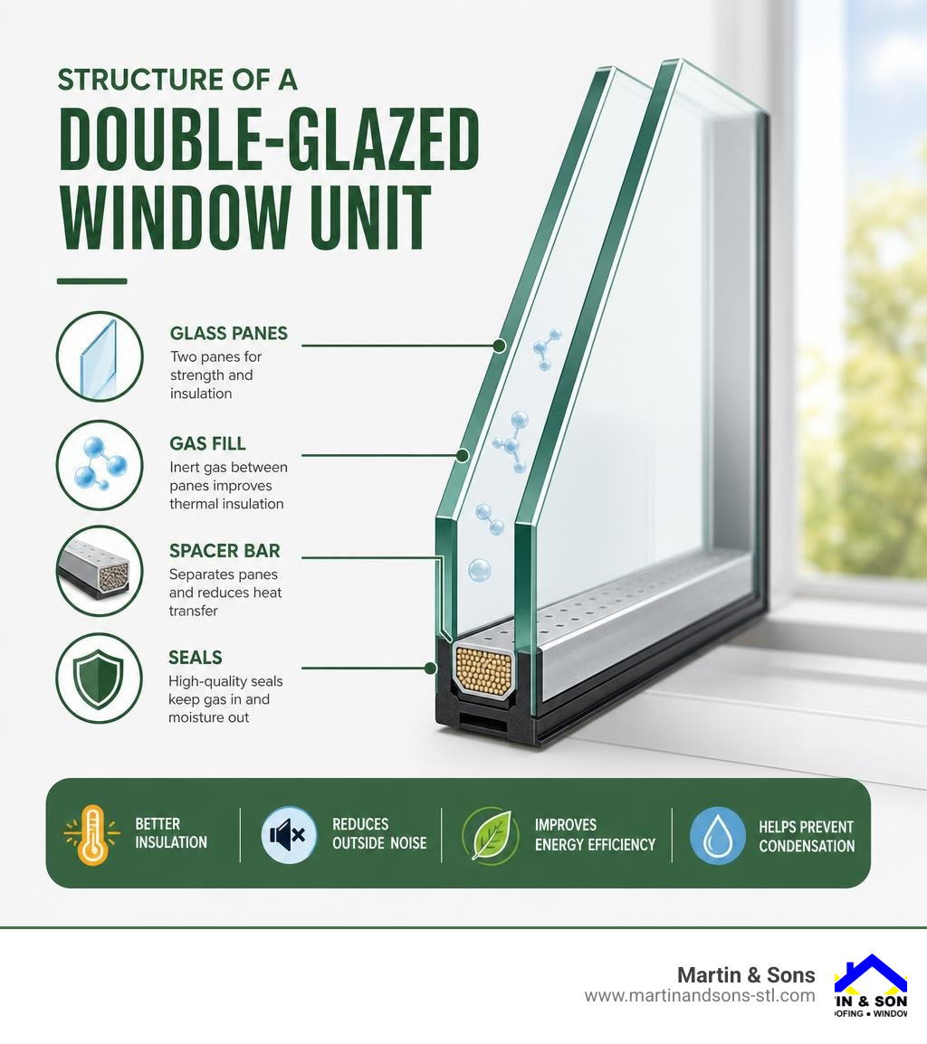 Structure of a double-glazed window unit showing two glass panes, spacer bar, gas fill, and seals infographic Structure of a double-glazed window unit showing two glass panes, spacer bar, gas fill, and seals infographic