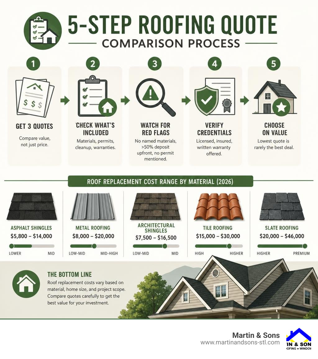 Infographic showing 5-step roofing quote comparison process with cost ranges by material infographic Infographic showing 5-step roofing quote comparison process with cost ranges by material infographic