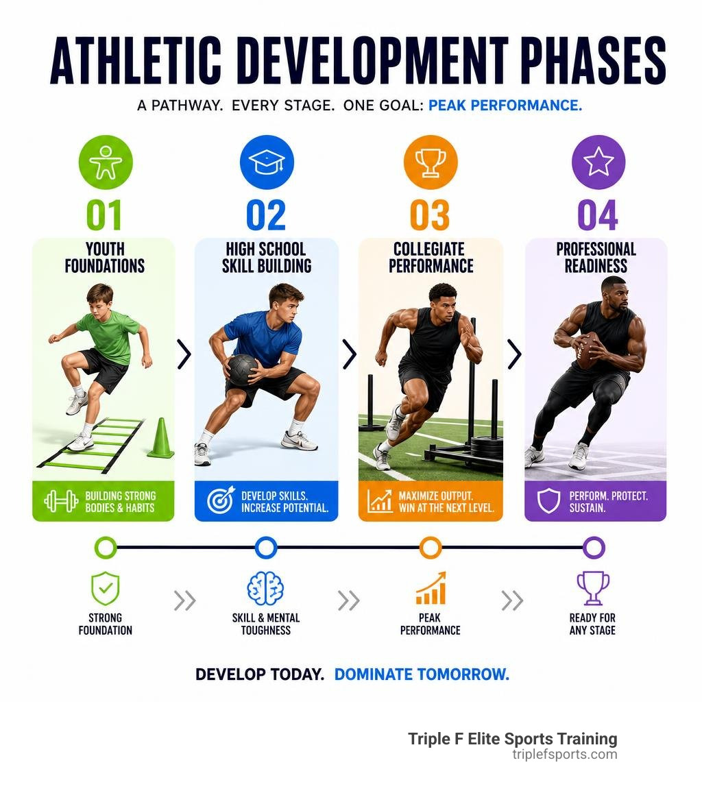 Athletic development phases infographic showing youth foundations, high school skill building, collegiate performance, and Athletic development phases infographic showing youth foundations, high school skill building, collegiate performance, and