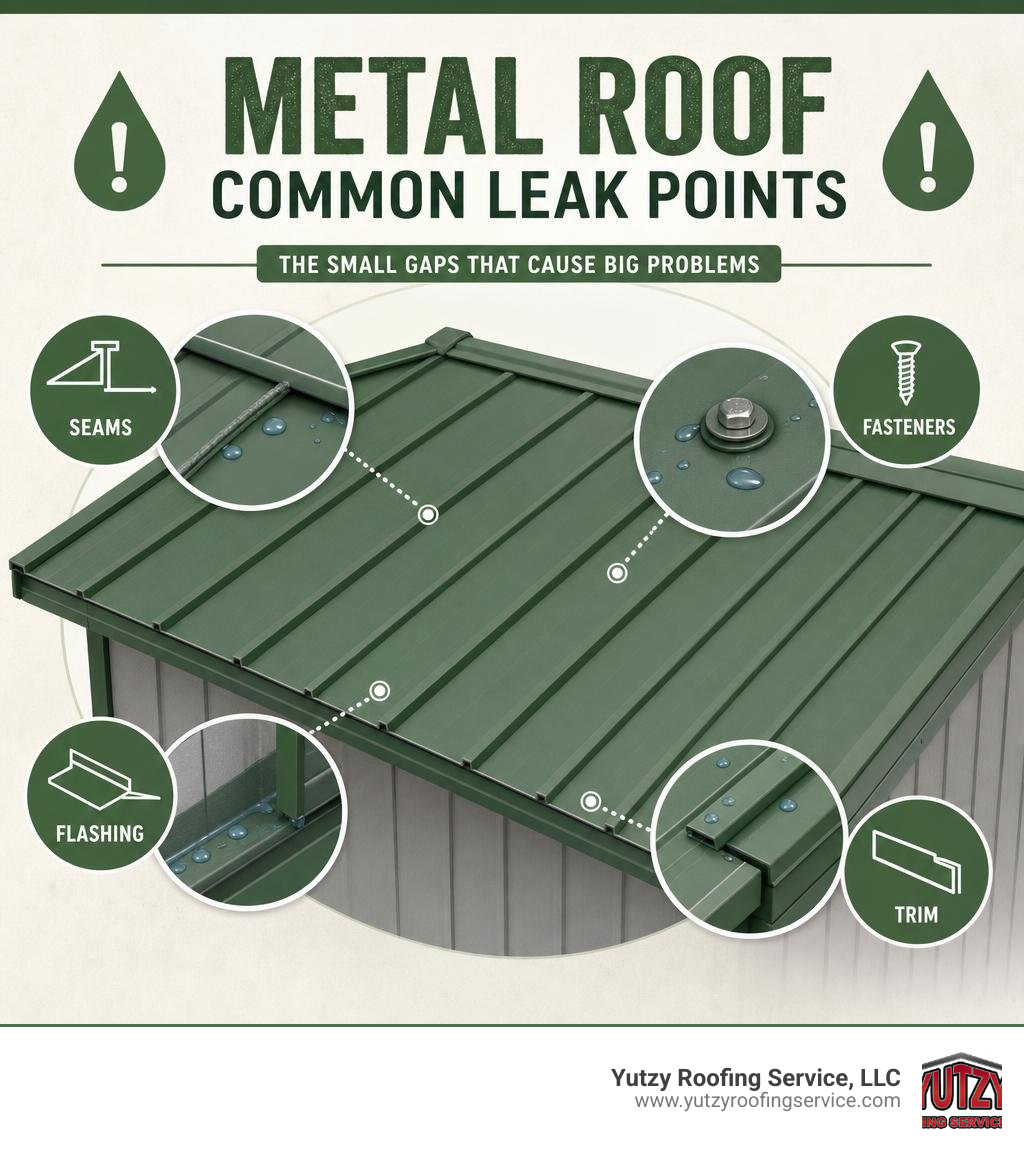 Metal roof common leak points infographic showing seams, fasteners, flashing, and trim as high-risk areas infographic Metal roof common leak points infographic showing seams, fasteners, flashing, and trim as high-risk areas infographic