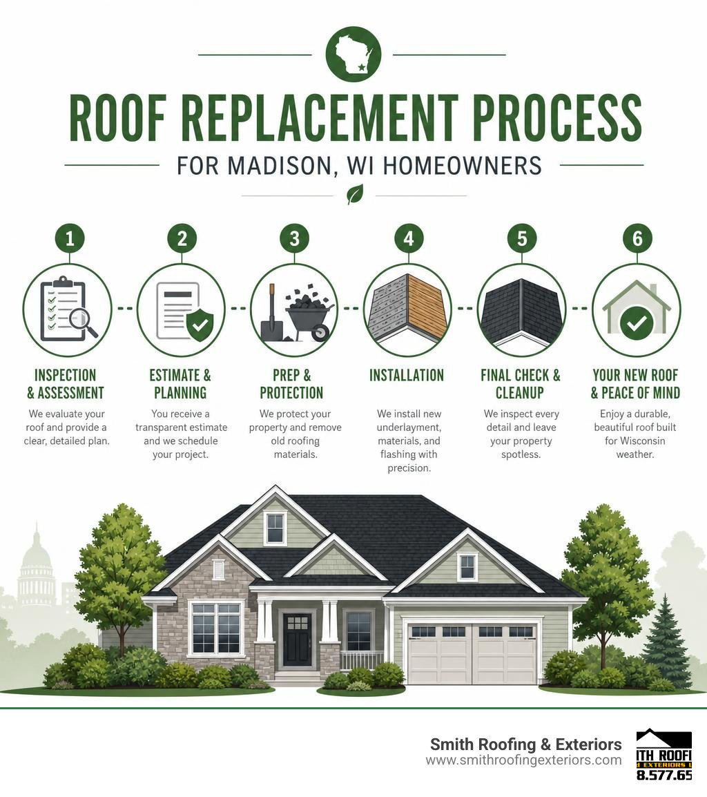 Infographic showing the roof replacement process steps for Madison WI homeowners infographic Infographic showing the roof replacement process steps for Madison WI homeowners infographic