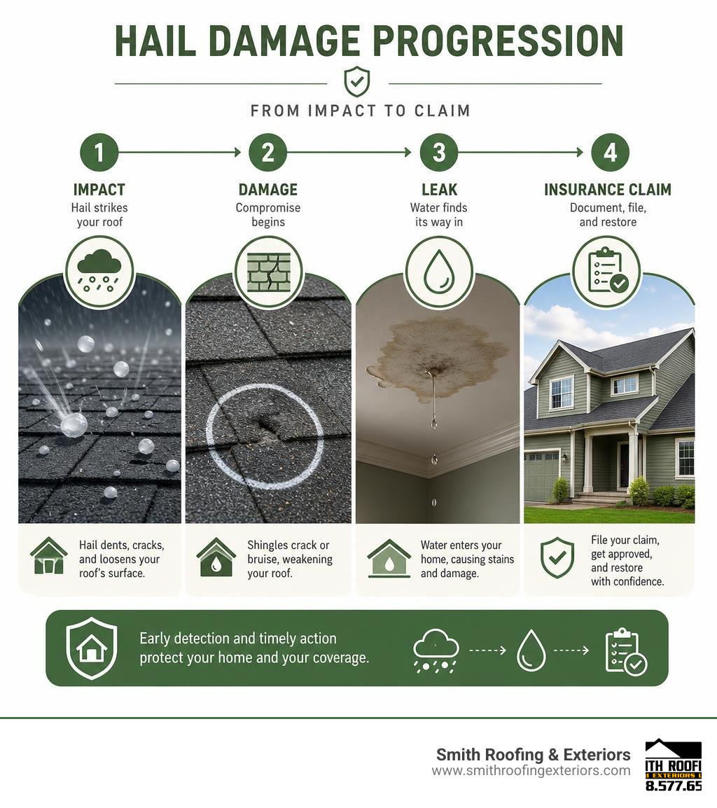 Timeline showing hail damage progression from impact to leak to insurance claim infographic Timeline showing hail damage progression from impact to leak to insurance claim infographic