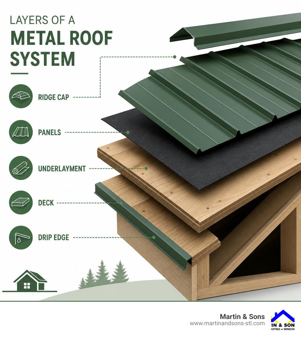 Layers of a metal roof system showing deck, underlayment, drip edge, panels, and ridge cap infographic Layers of a metal roof system showing deck, underlayment, drip edge, panels, and ridge cap infographic
