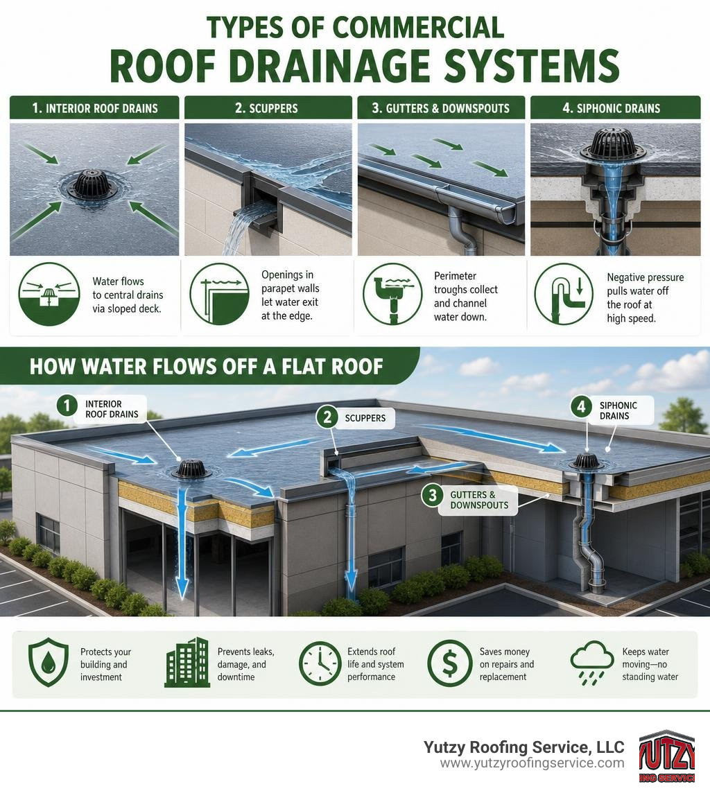 Types of commercial roof drainage systems and how water flows off a flat roof infographic Types of commercial roof drainage systems and how water flows off a flat roof infographic