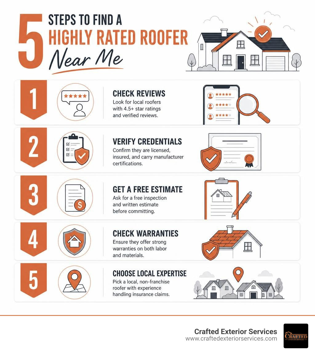 Infographic showing 5 steps to find a highly rated roofer near me including reviews, credentials, free estimate, warranty Infographic showing 5 steps to find a highly rated roofer near me including reviews, credentials, free estimate, warranty