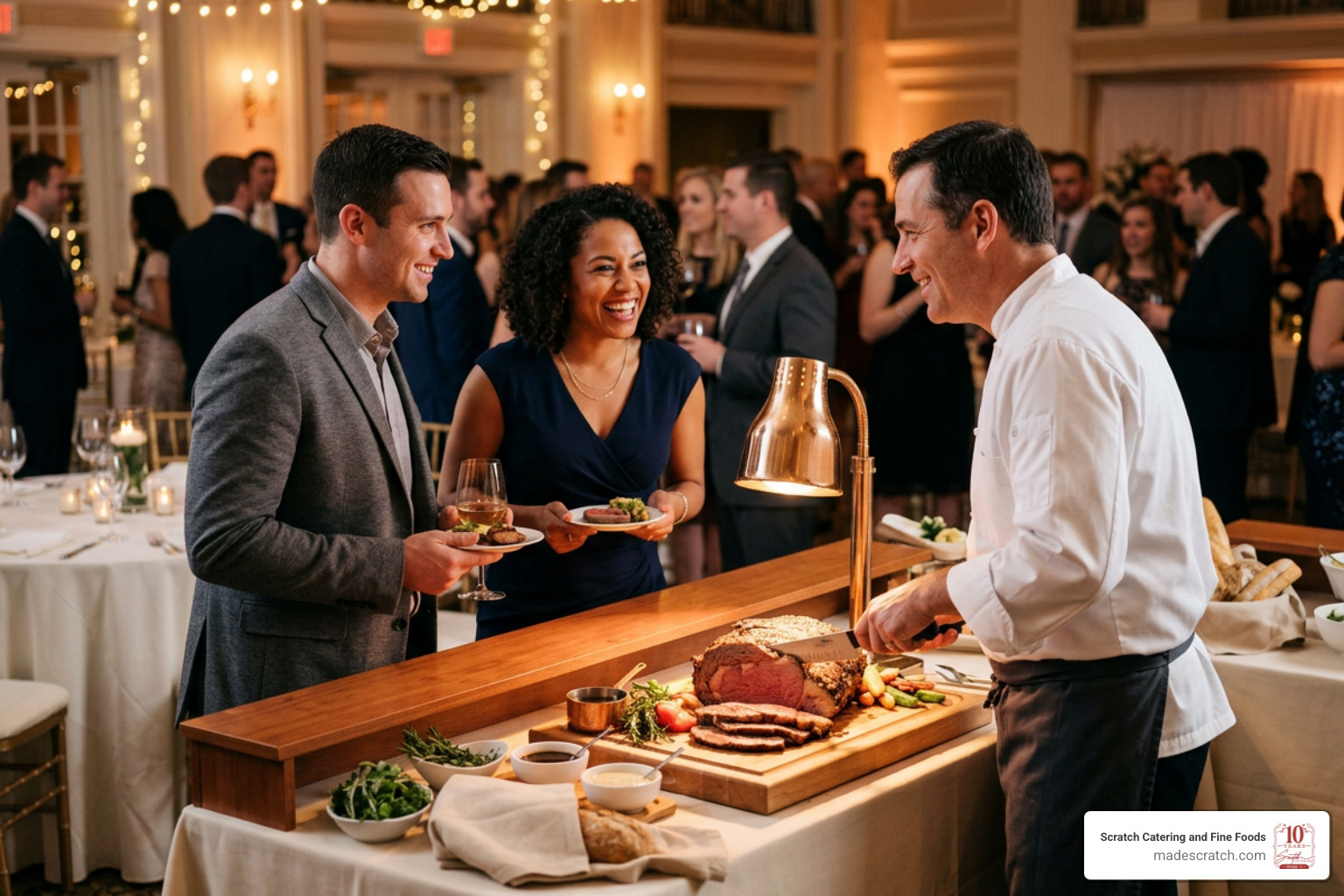 guests smiling and interacting with a chef at a live carving food station