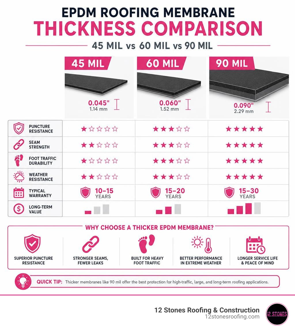 Infographic comparing EPDM membrane thicknesses: 45 mil, 60 mil, and 90 mil with key specs infographic